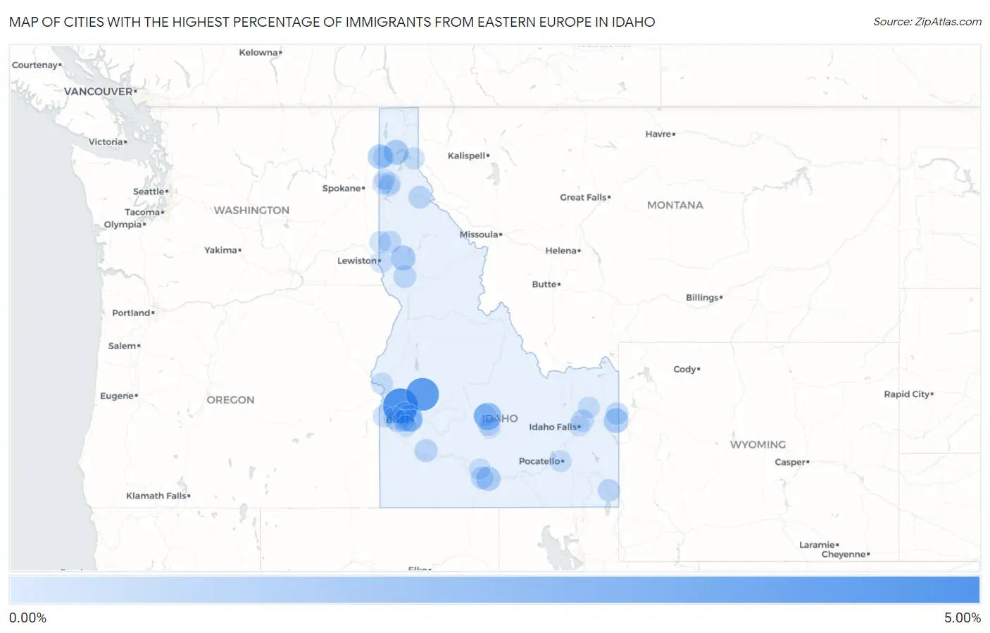 Cities with the Highest Percentage of Immigrants from Eastern Europe in Idaho Map