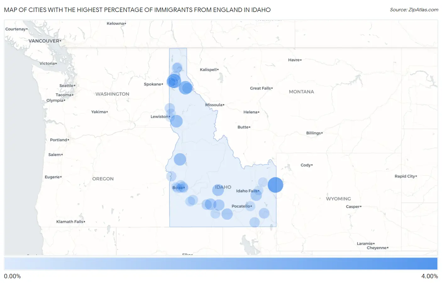 Cities with the Highest Percentage of Immigrants from England in Idaho Map