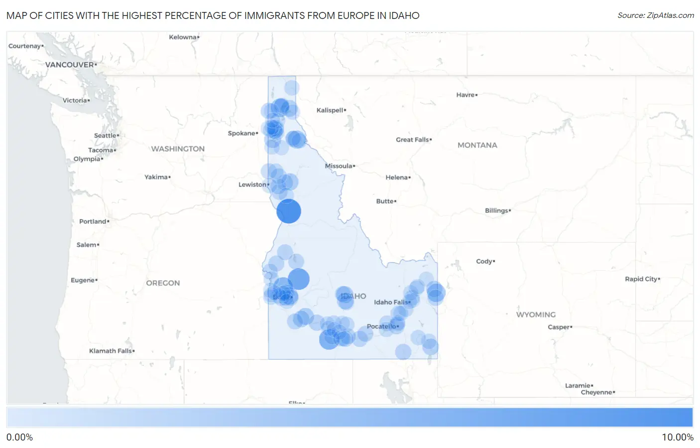 Cities with the Highest Percentage of Immigrants from Europe in Idaho Map