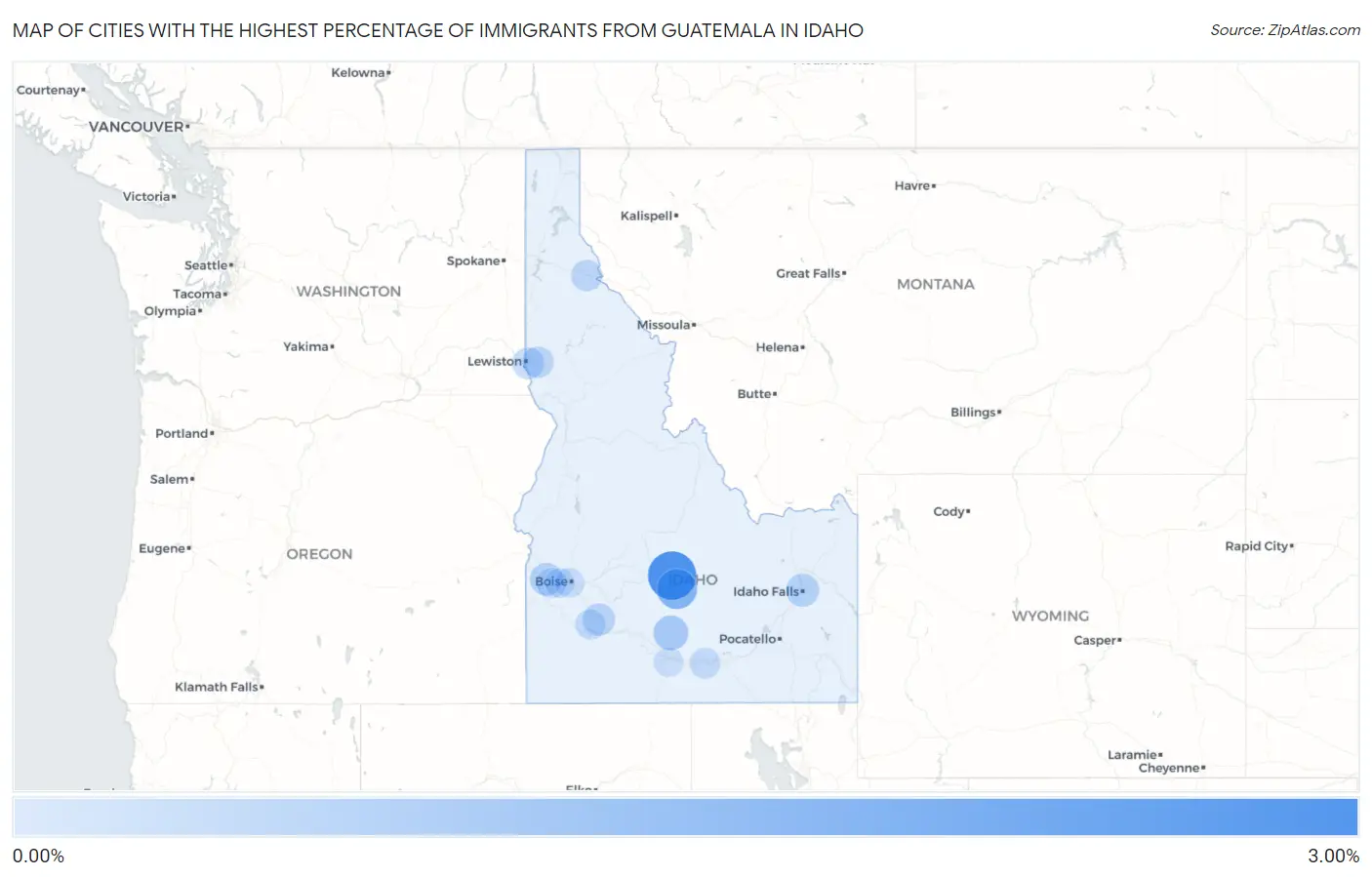 Cities with the Highest Percentage of Immigrants from Guatemala in Idaho Map
