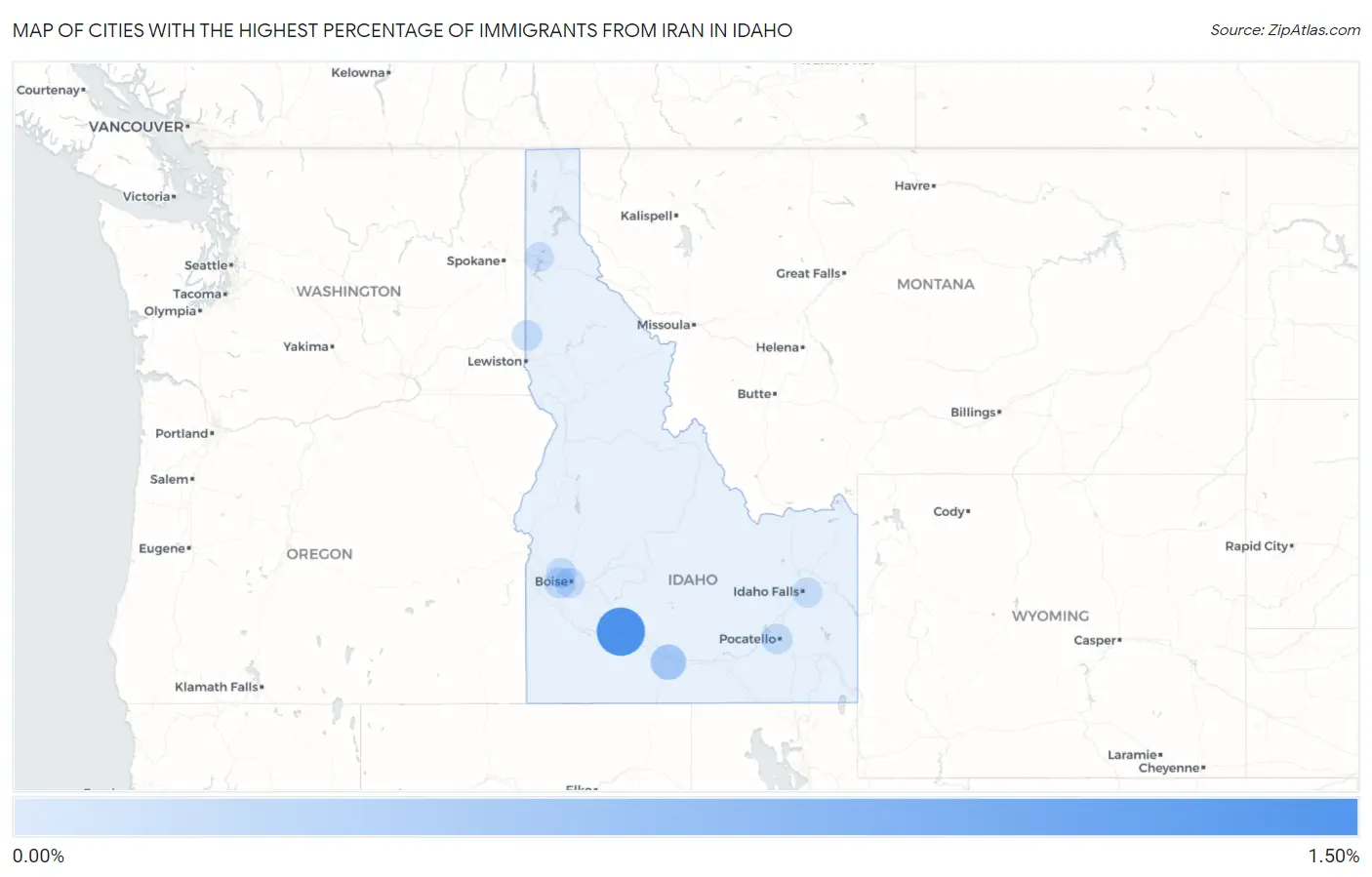 Cities with the Highest Percentage of Immigrants from Iran in Idaho Map