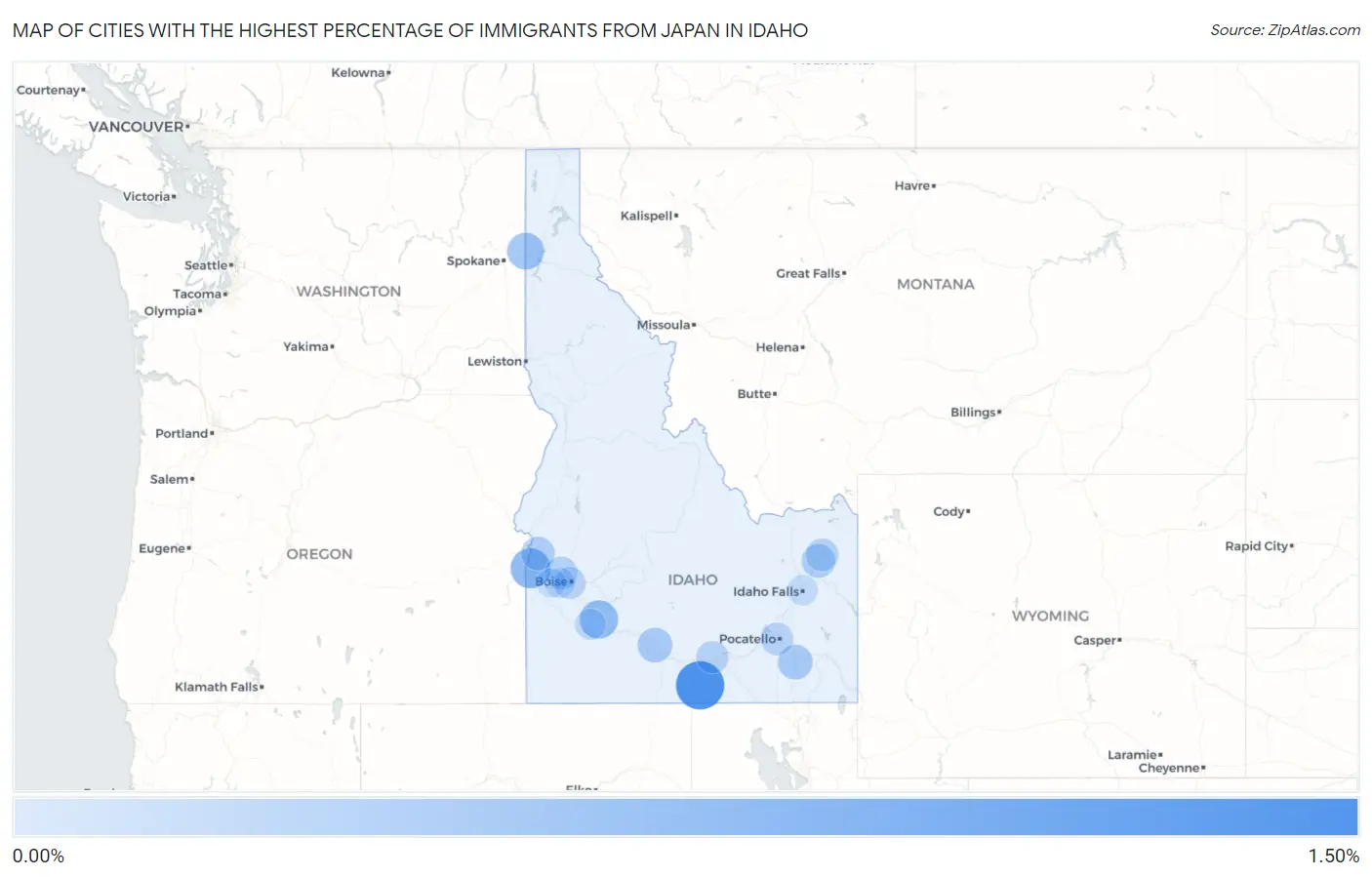 Cities with the Highest Percentage of Immigrants from Japan in Idaho Map