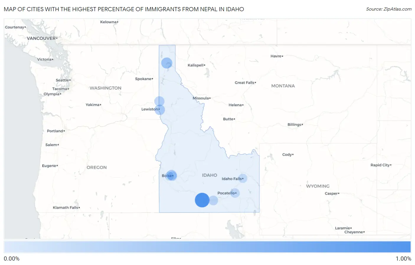 Cities with the Highest Percentage of Immigrants from Nepal in Idaho Map