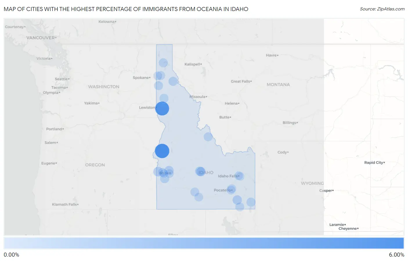 Cities with the Highest Percentage of Immigrants from Oceania in Idaho Map
