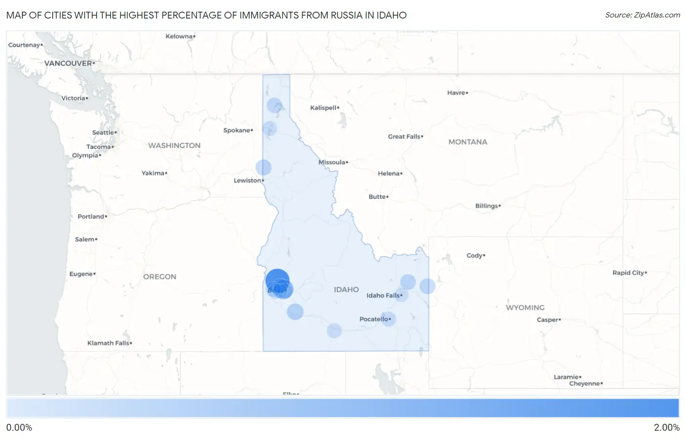 Cities with the Highest Percentage of Immigrants from Russia in Idaho Map