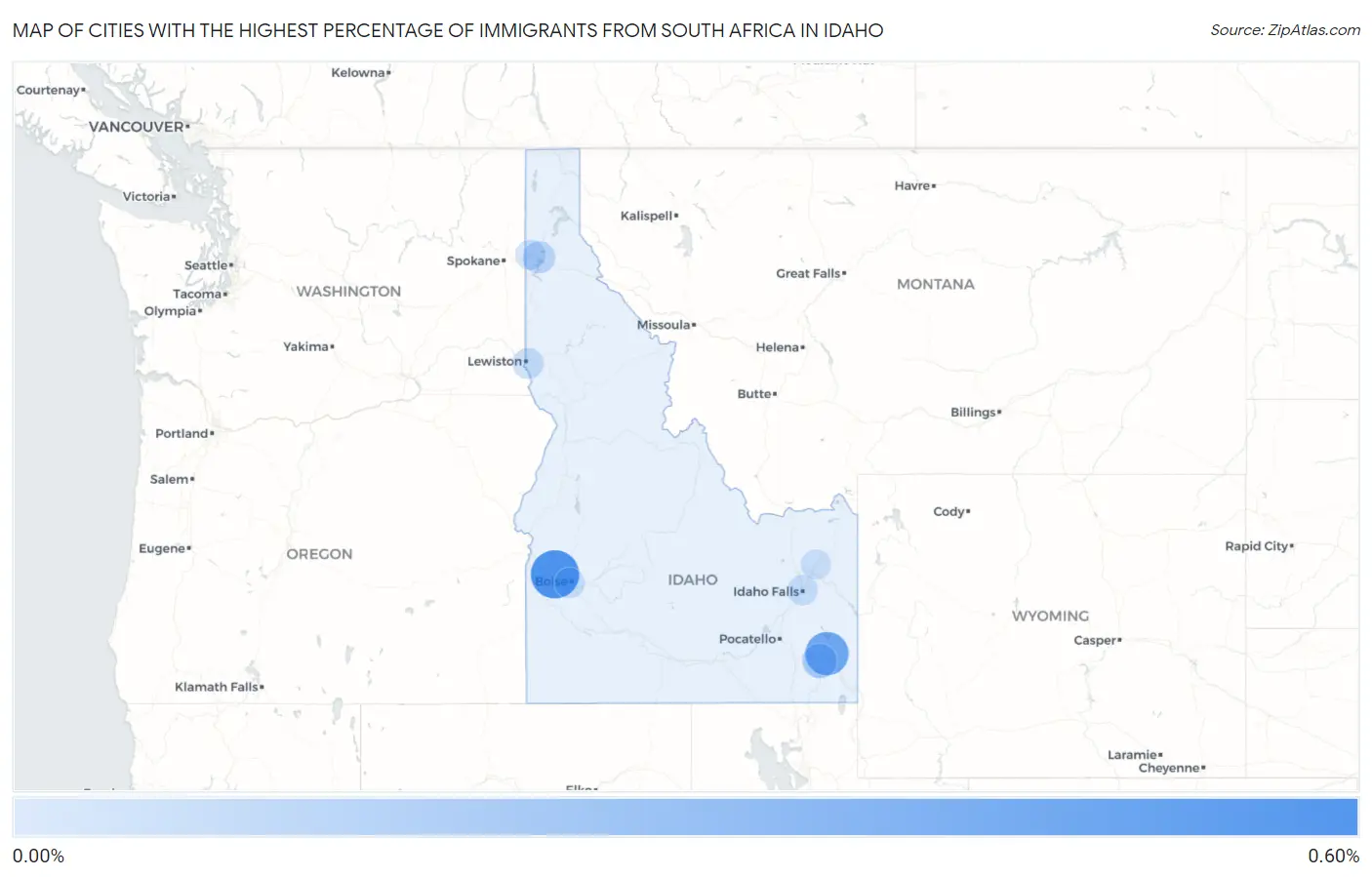 Cities with the Highest Percentage of Immigrants from South Africa in Idaho Map