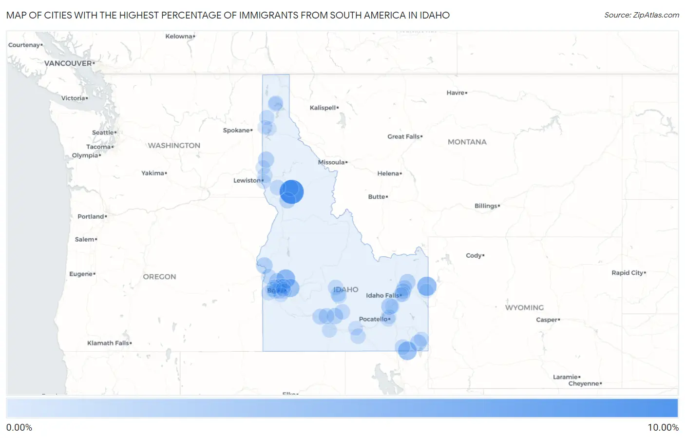 Cities with the Highest Percentage of Immigrants from South America in Idaho Map