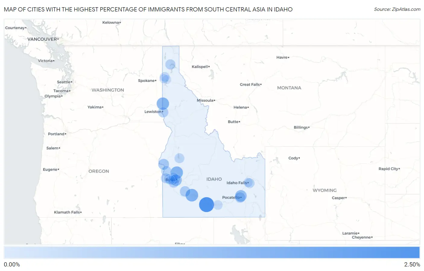 Cities with the Highest Percentage of Immigrants from South Central Asia in Idaho Map
