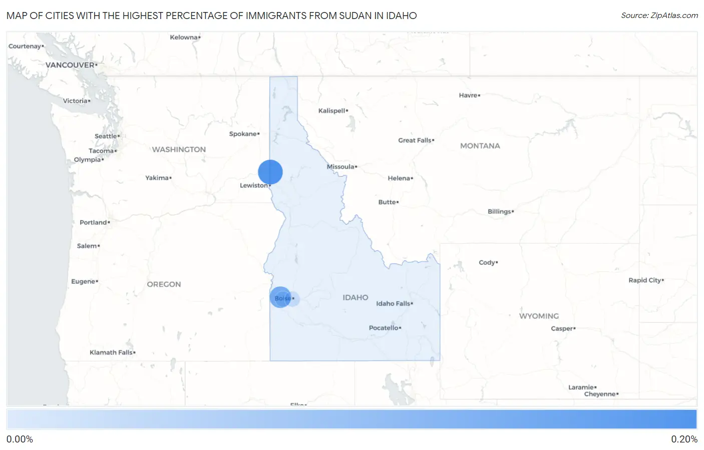 Cities with the Highest Percentage of Immigrants from Sudan in Idaho Map