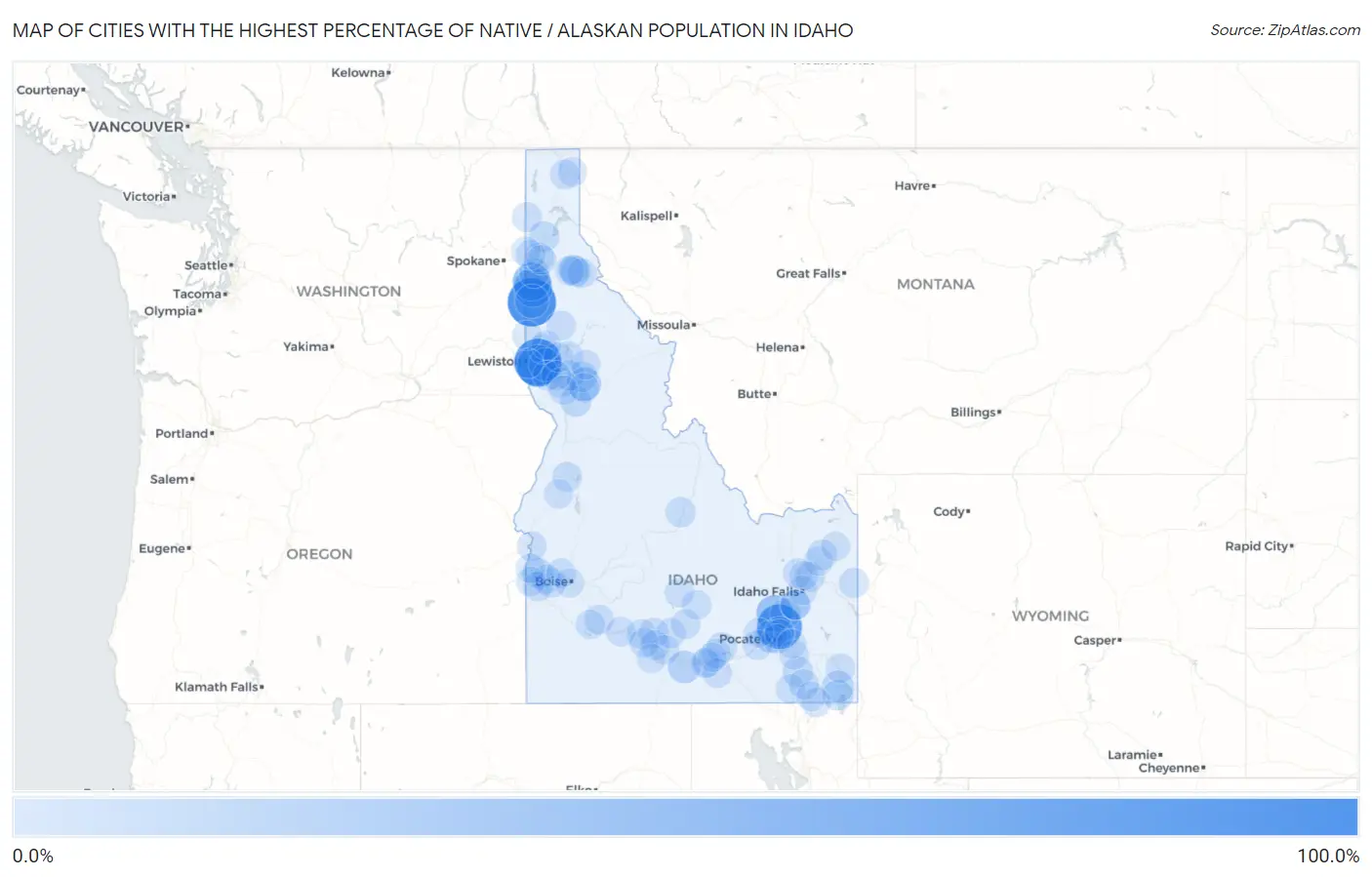 Cities with the Highest Percentage of Native / Alaskan Population in Idaho Map