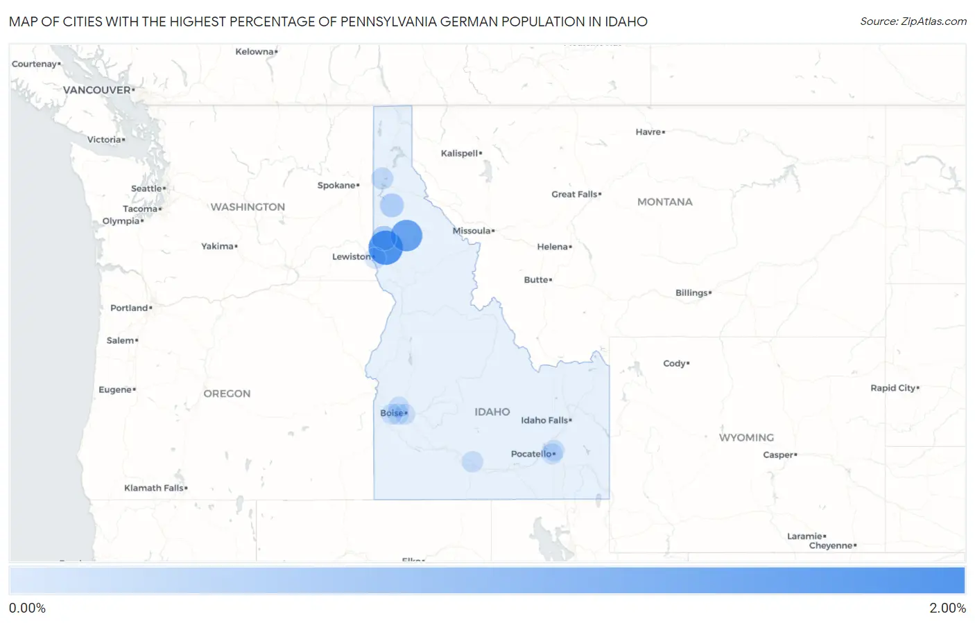 Cities with the Highest Percentage of Pennsylvania German Population in Idaho Map