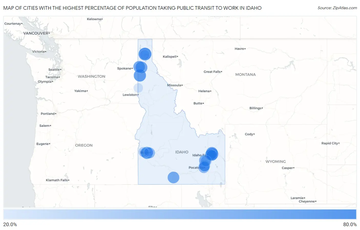 Cities with the Highest Percentage of Population Taking Public Transit to Work in Idaho Map