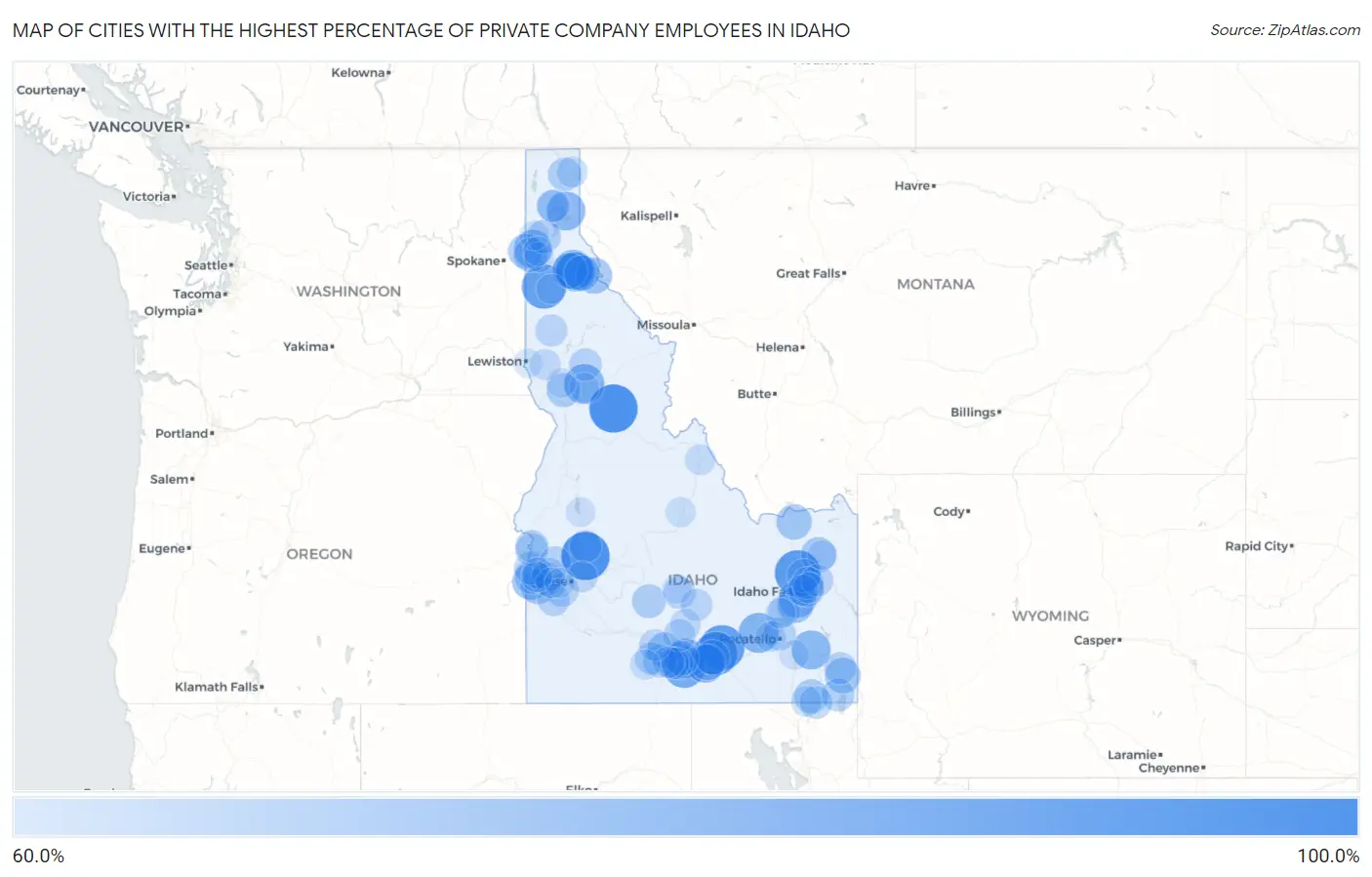 Cities with the Highest Percentage of Private Company Employees in Idaho Map