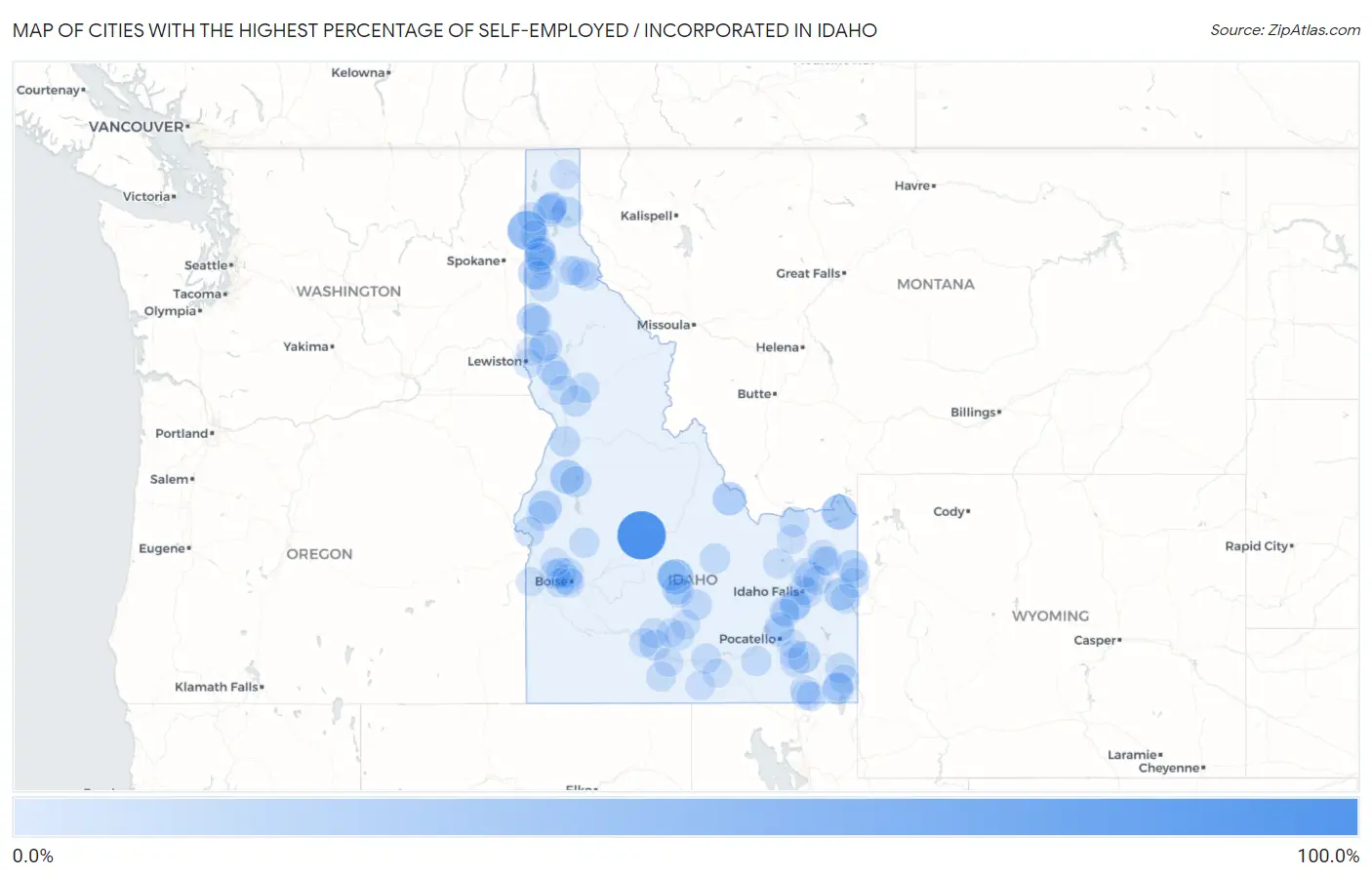 Cities with the Highest Percentage of Self-Employed / Incorporated in Idaho Map