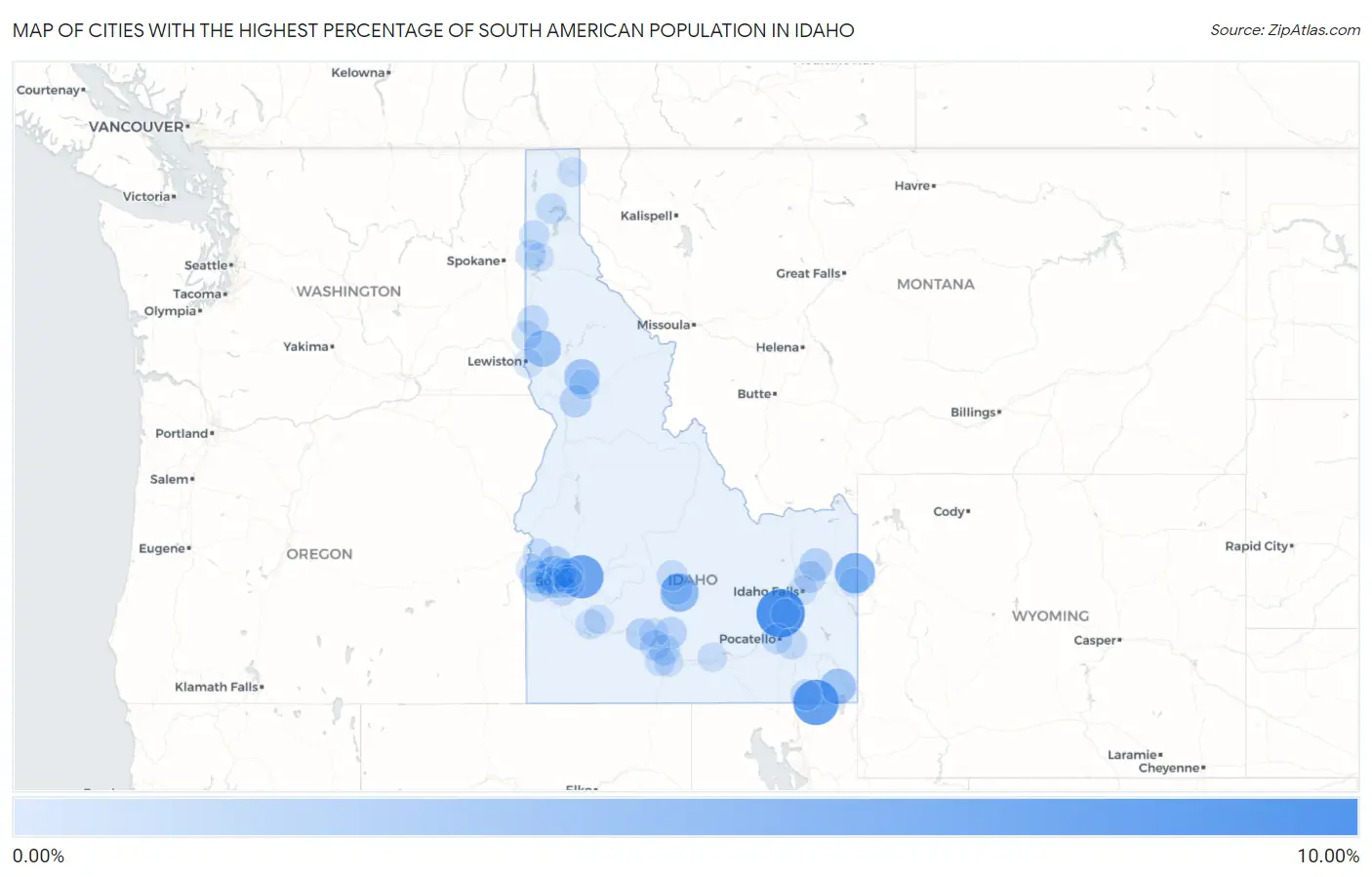 Cities with the Highest Percentage of South American Population in Idaho Map