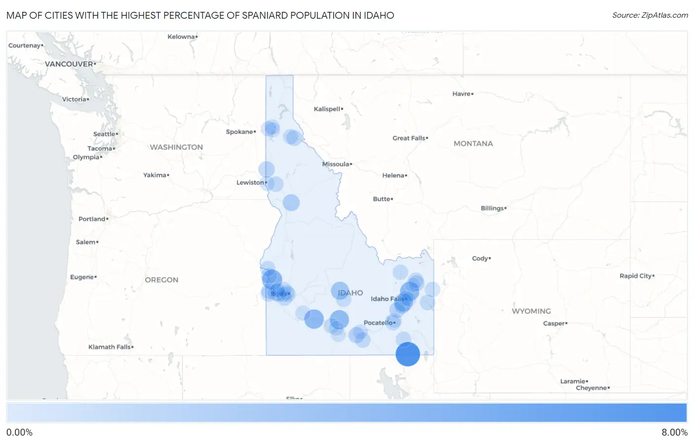 Cities with the Highest Percentage of Spaniard Population in Idaho Map
