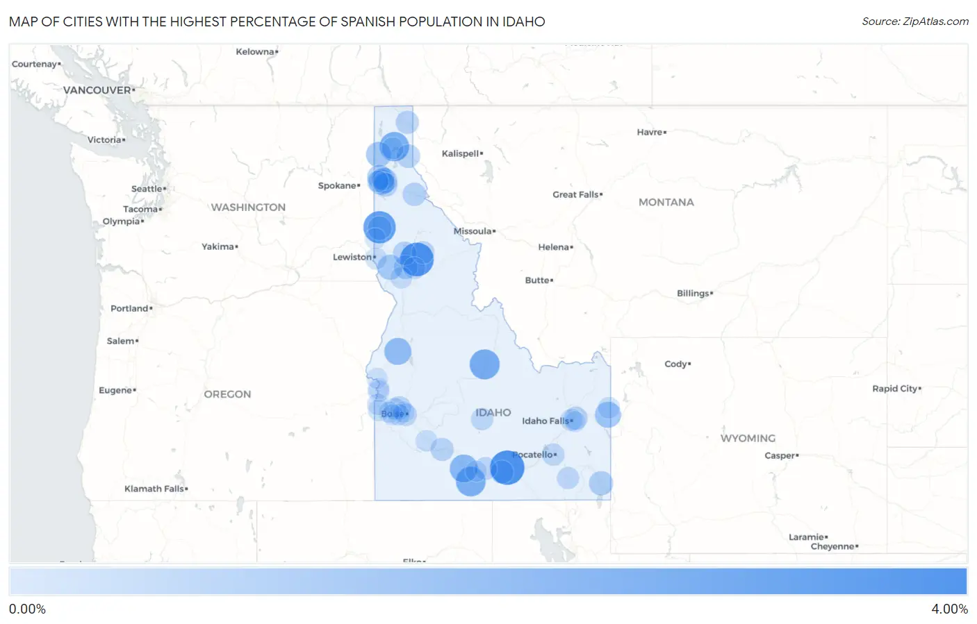Cities with the Highest Percentage of Spanish Population in Idaho Map