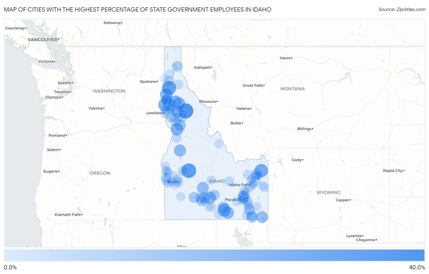Cities with the Highest Percentage of State Government Employees in Idaho Map