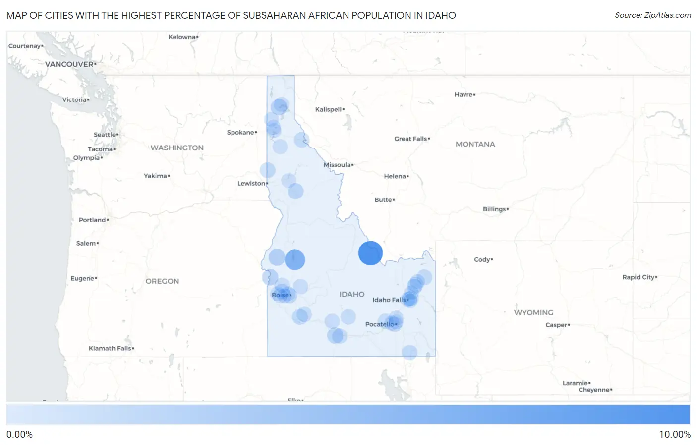 Cities with the Highest Percentage of Subsaharan African Population in Idaho Map