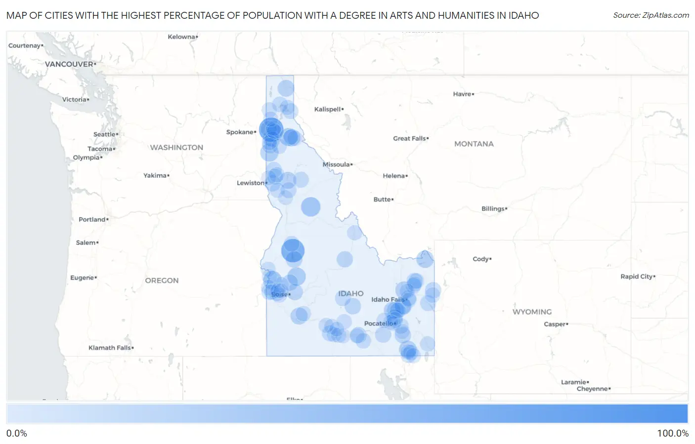 Cities with the Highest Percentage of Population with a Degree in Arts and Humanities in Idaho Map