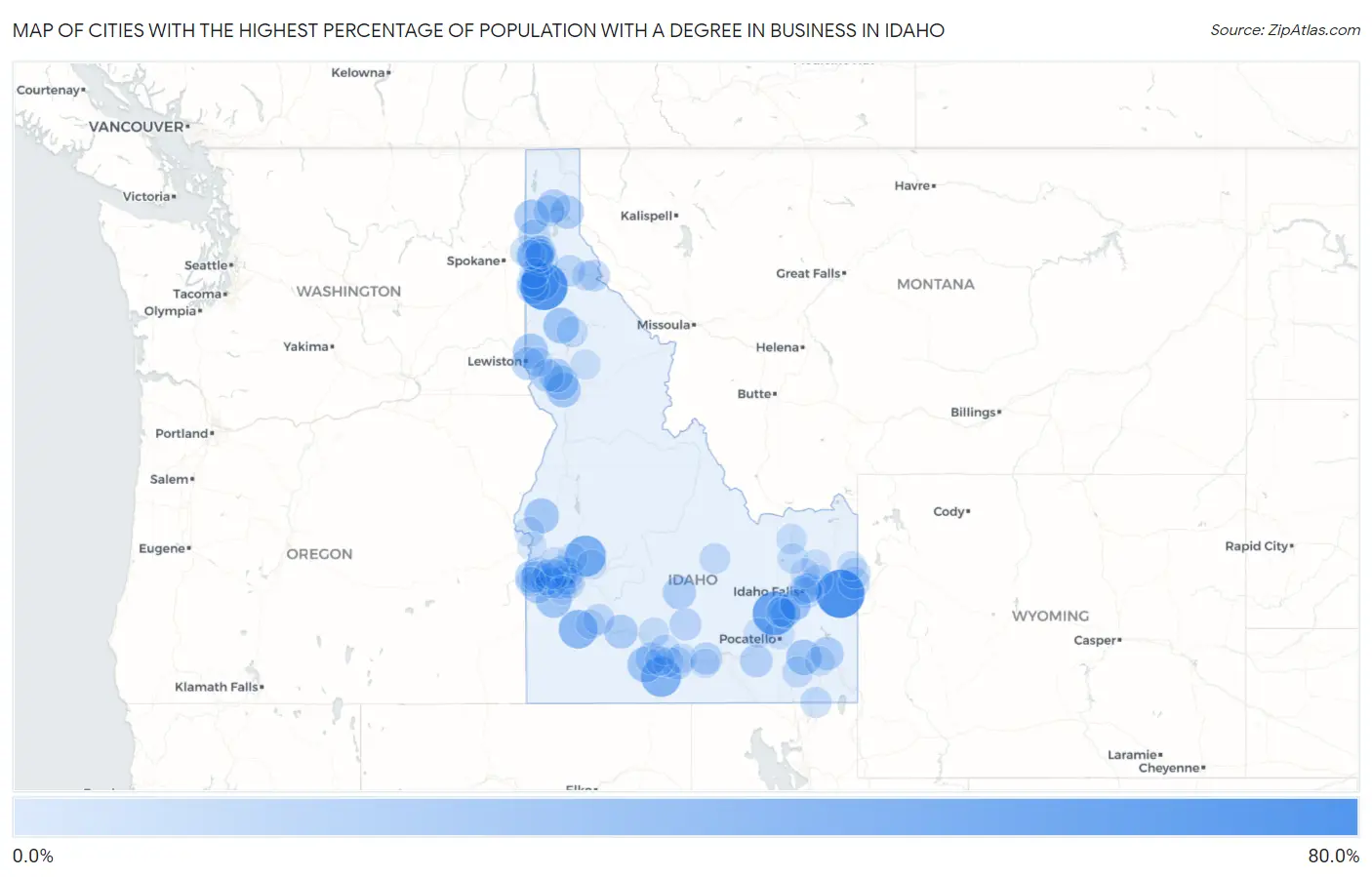 Cities with the Highest Percentage of Population with a Degree in Business in Idaho Map