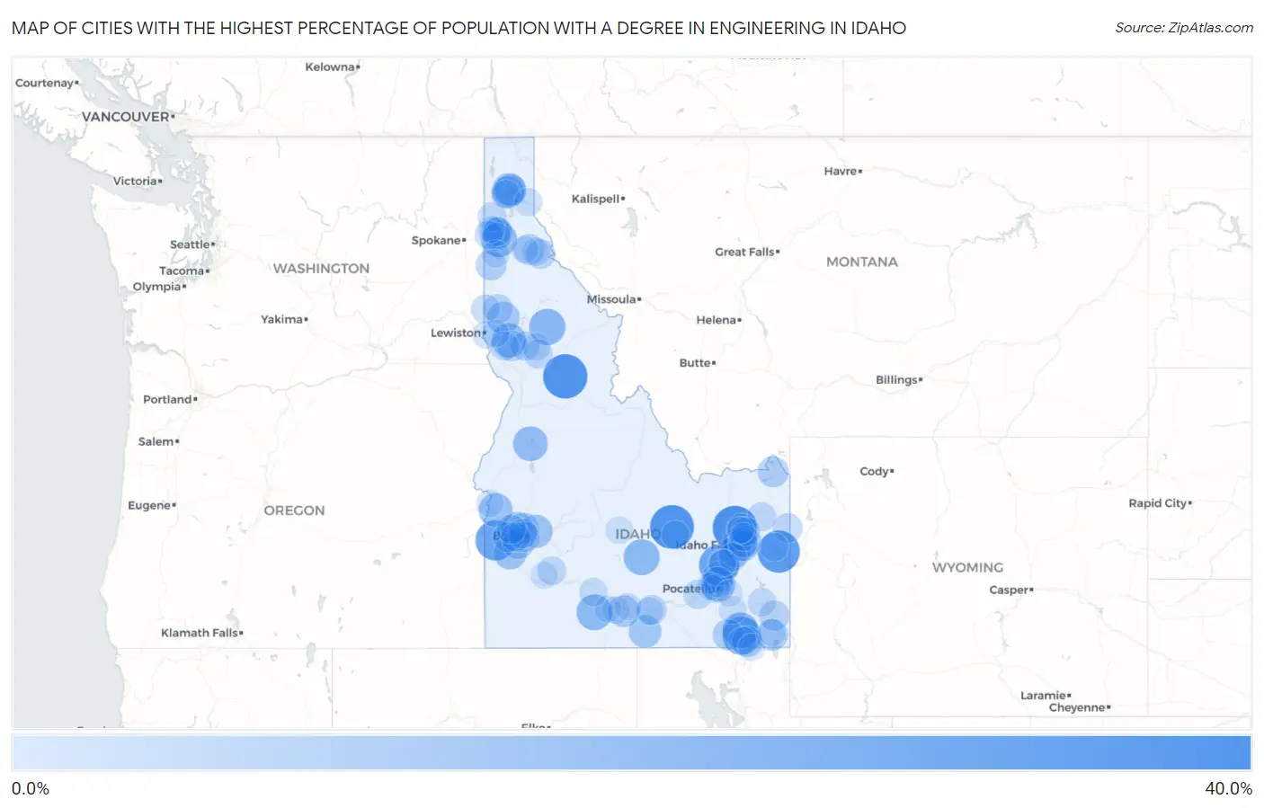 Cities with the Highest Percentage of Population with a Degree in Engineering in Idaho Map