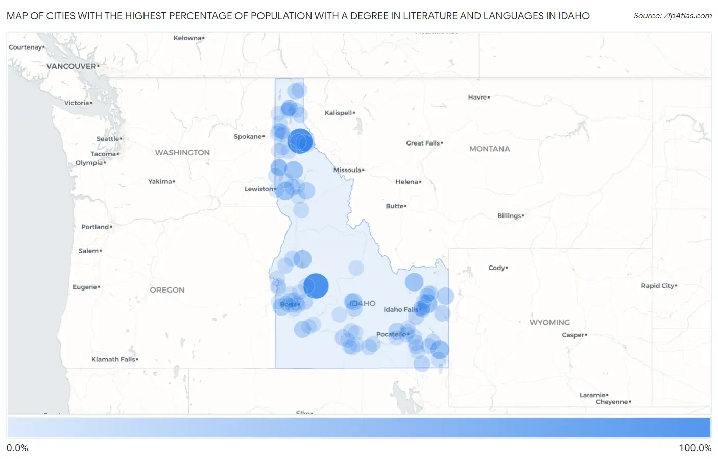 Cities with the Highest Percentage of Population with a Degree in Literature and Languages in Idaho Map