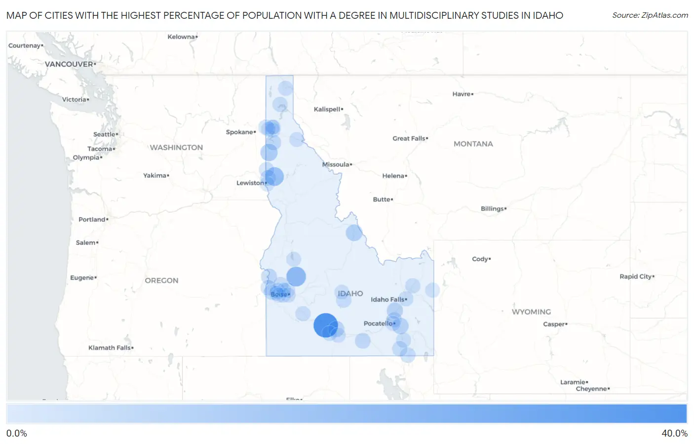 Cities with the Highest Percentage of Population with a Degree in Multidisciplinary Studies in Idaho Map