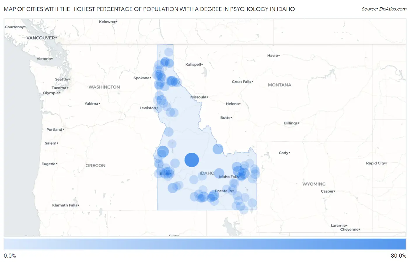 Cities with the Highest Percentage of Population with a Degree in Psychology in Idaho Map