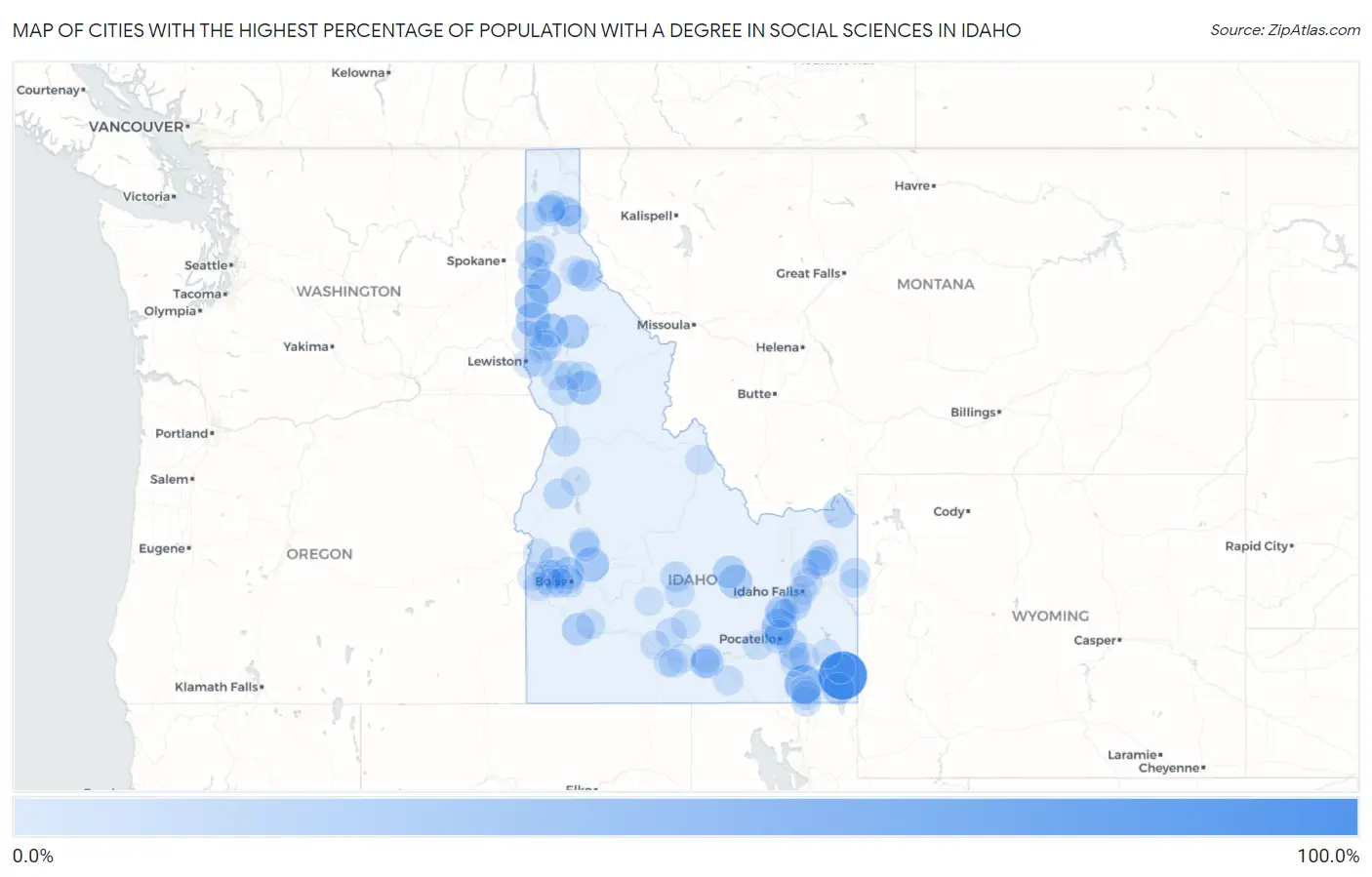 Cities with the Highest Percentage of Population with a Degree in Social Sciences in Idaho Map