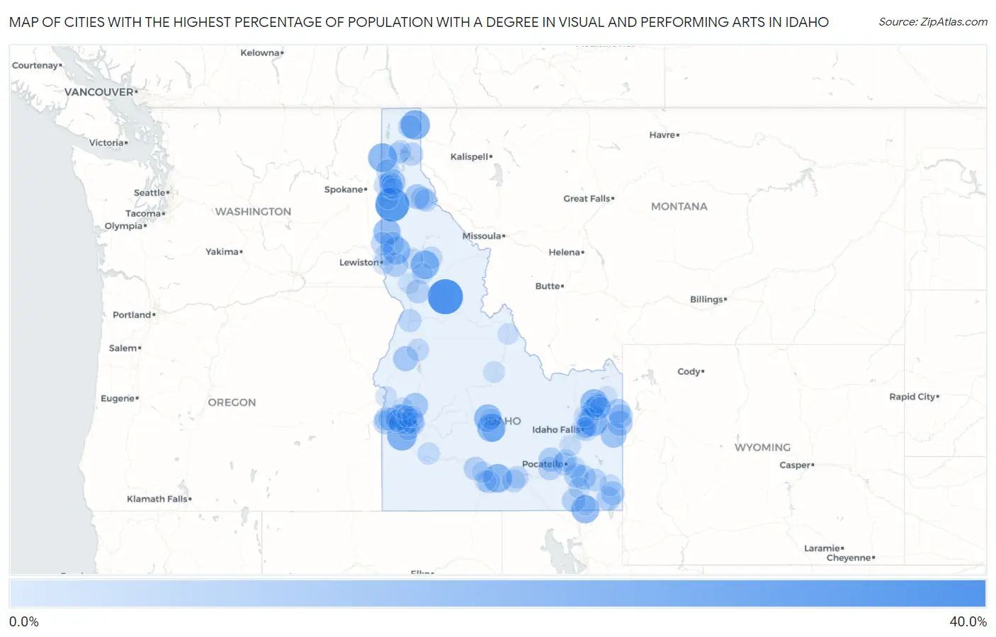 Cities with the Highest Percentage of Population with a Degree in Visual and Performing Arts in Idaho Map