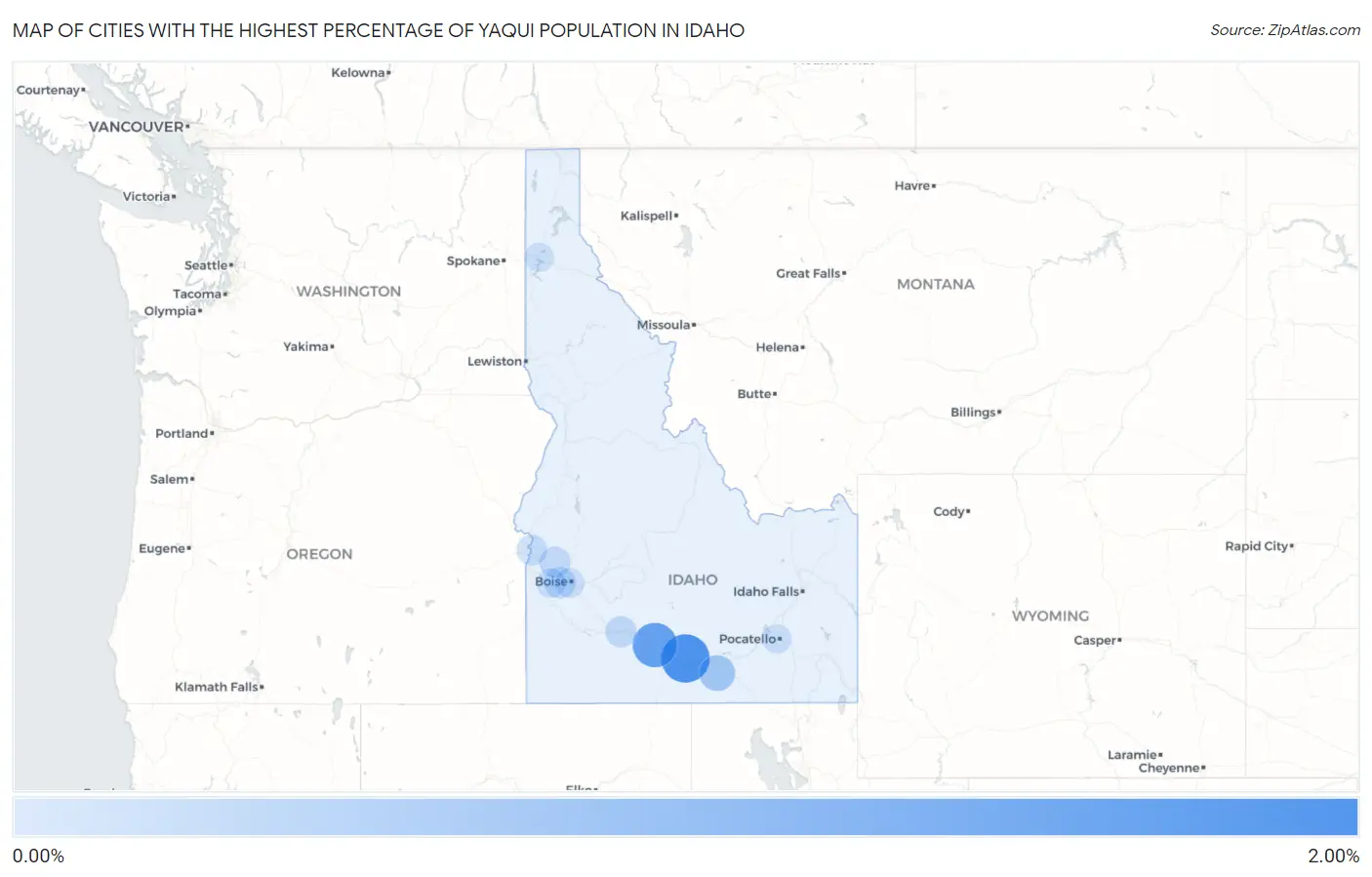 Cities with the Highest Percentage of Yaqui Population in Idaho Map