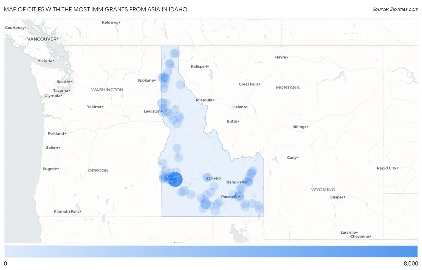 Cities with the Most Immigrants from Asia in Idaho Map