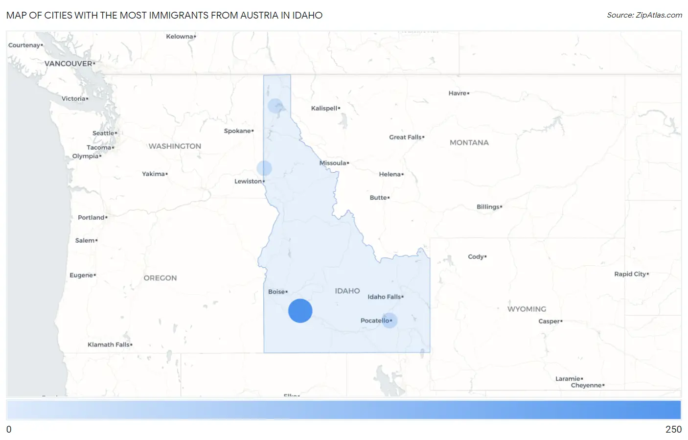 Cities with the Most Immigrants from Austria in Idaho Map