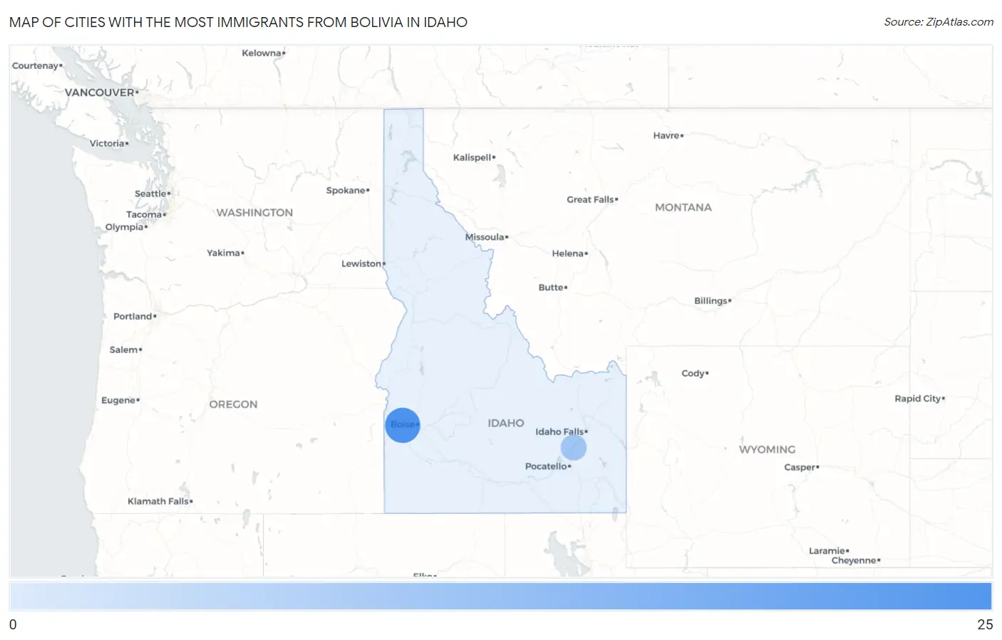 Cities with the Most Immigrants from Bolivia in Idaho Map