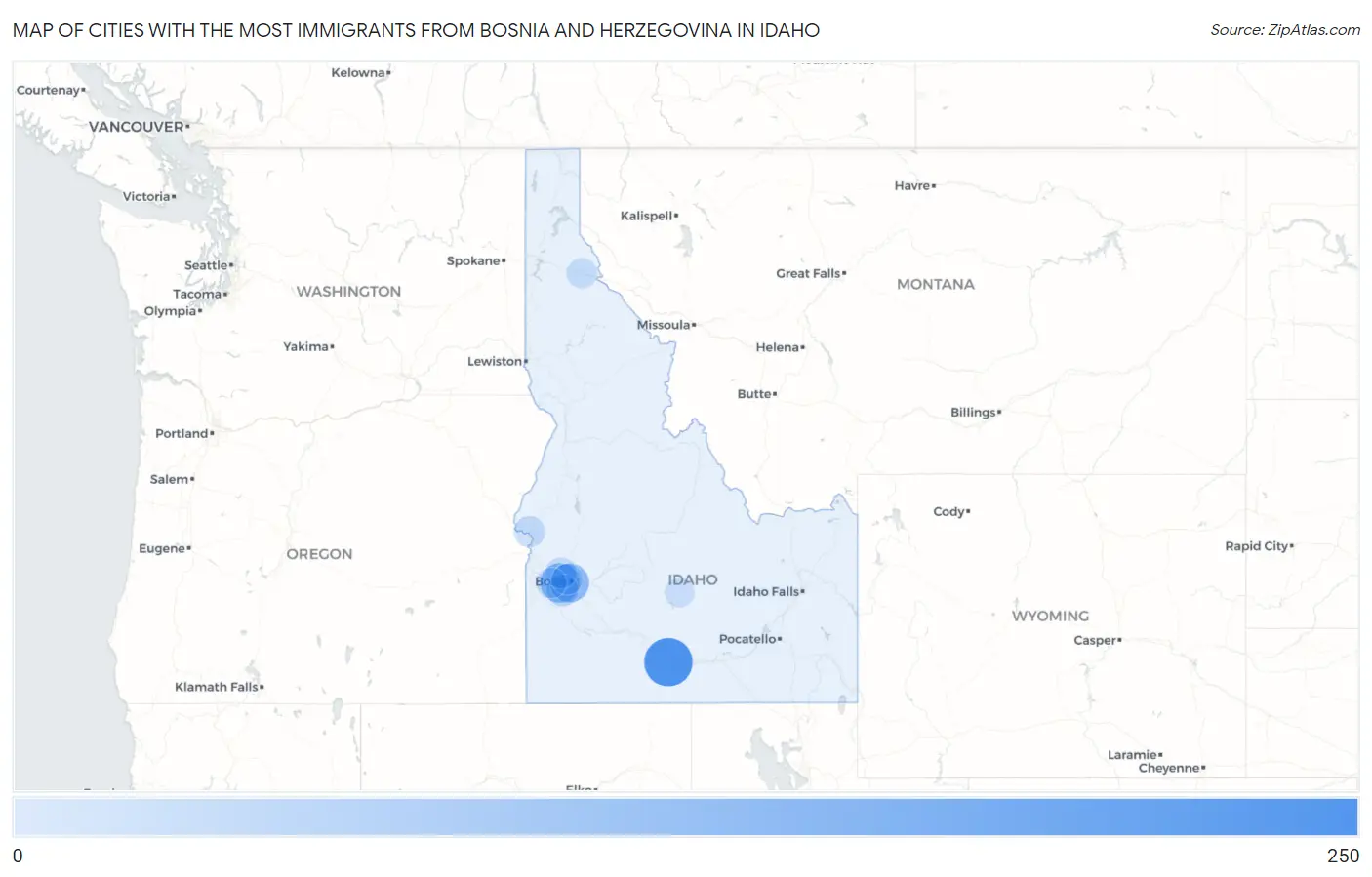 Cities with the Most Immigrants from Bosnia and Herzegovina in Idaho Map