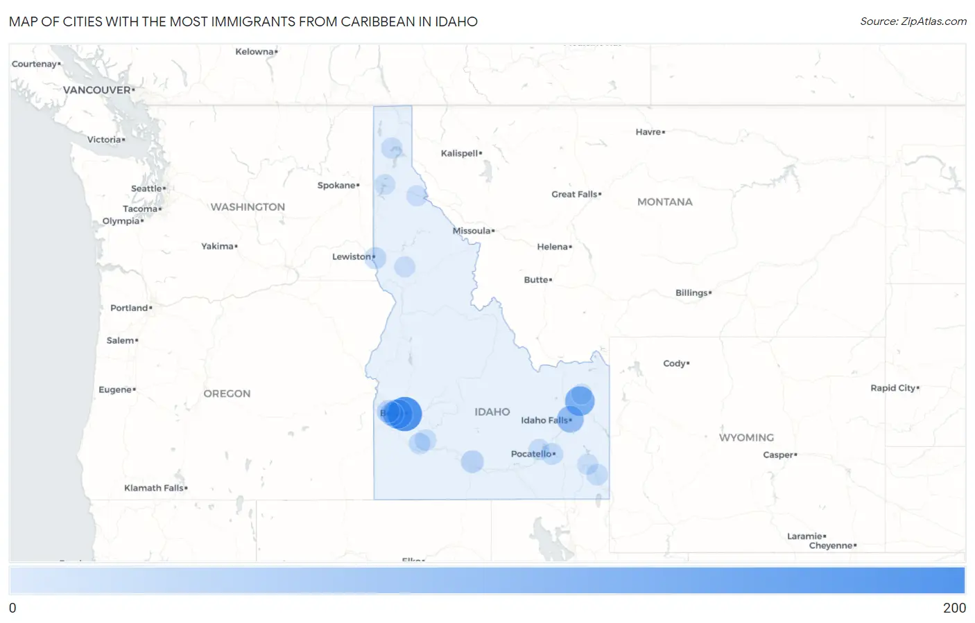 Cities with the Most Immigrants from Caribbean in Idaho Map