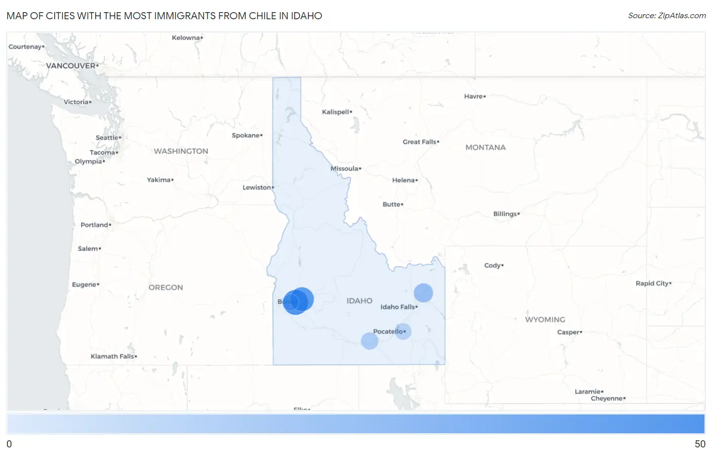 Cities with the Most Immigrants from Chile in Idaho Map