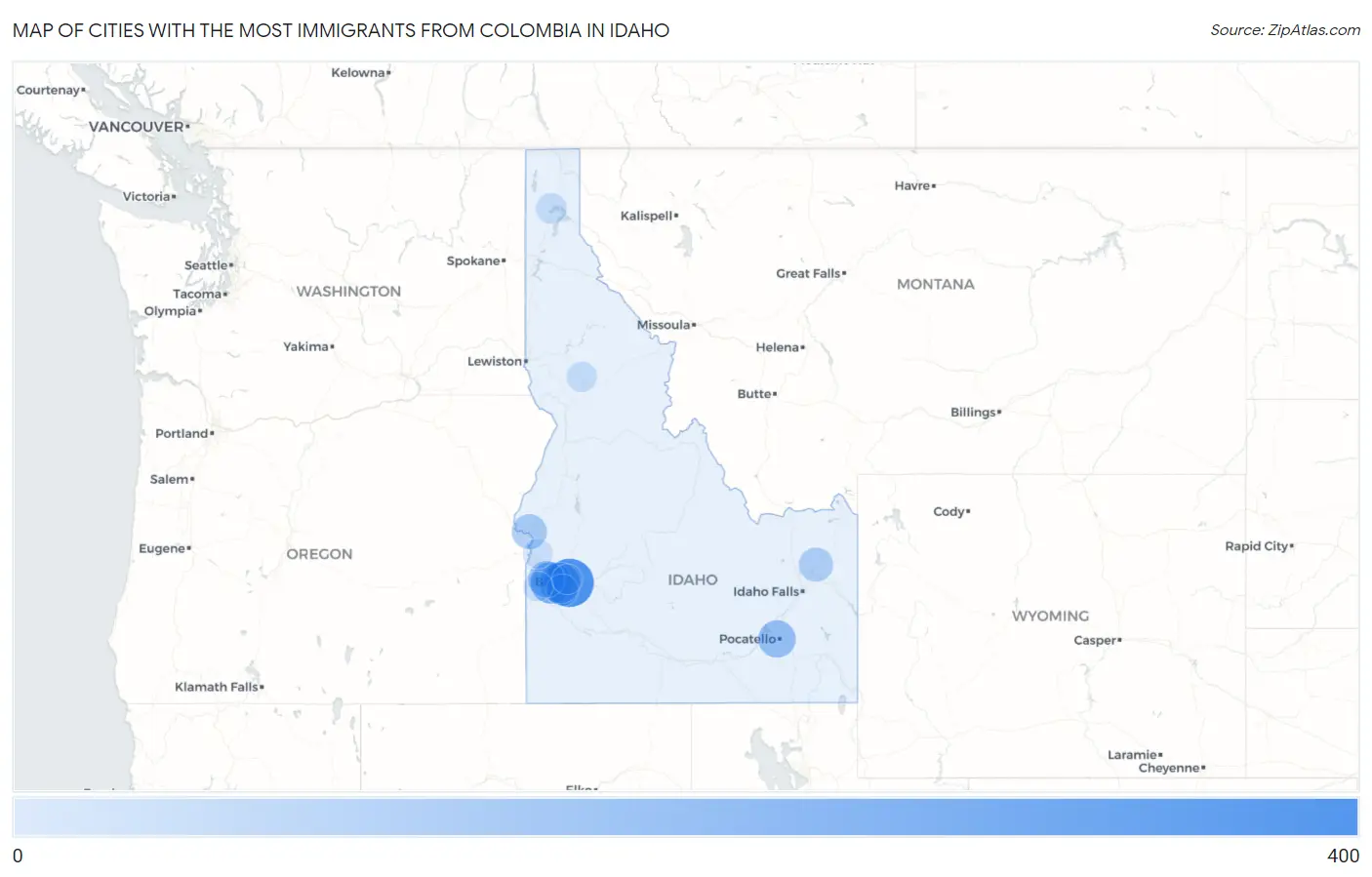 Cities with the Most Immigrants from Colombia in Idaho Map
