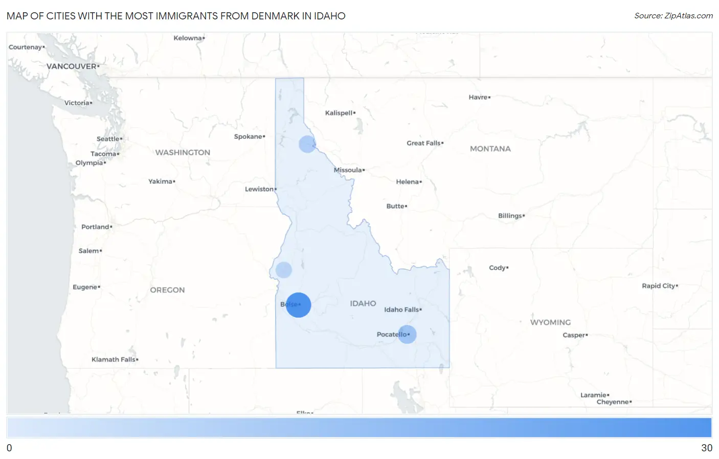 Cities with the Most Immigrants from Denmark in Idaho Map