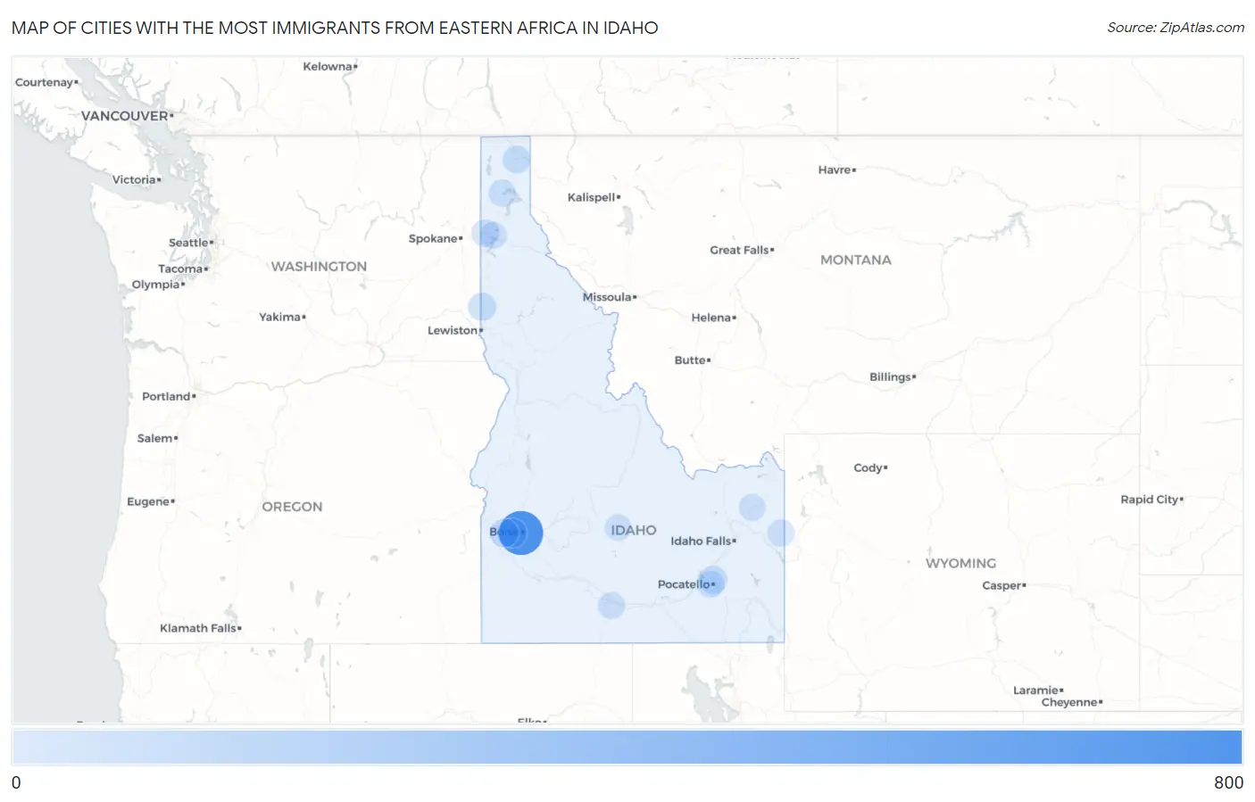 Cities with the Most Immigrants from Eastern Africa in Idaho Map