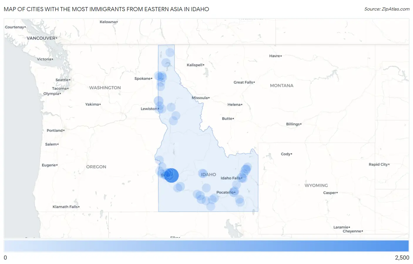 Cities with the Most Immigrants from Eastern Asia in Idaho Map