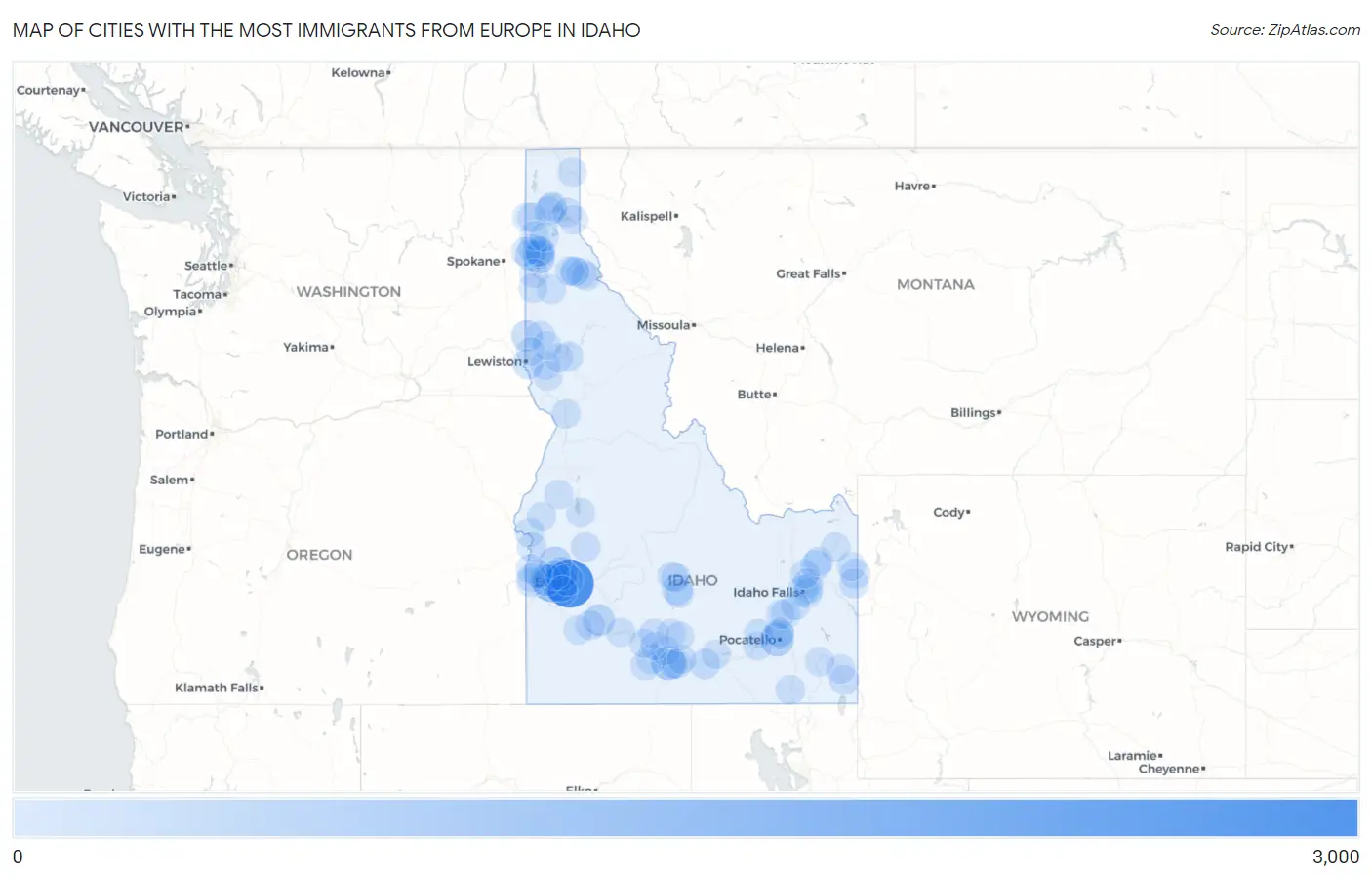 Cities with the Most Immigrants from Europe in Idaho Map