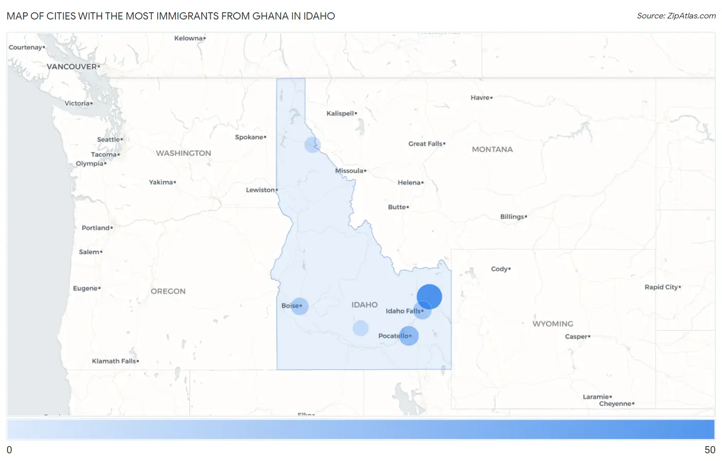 Cities with the Most Immigrants from Ghana in Idaho Map