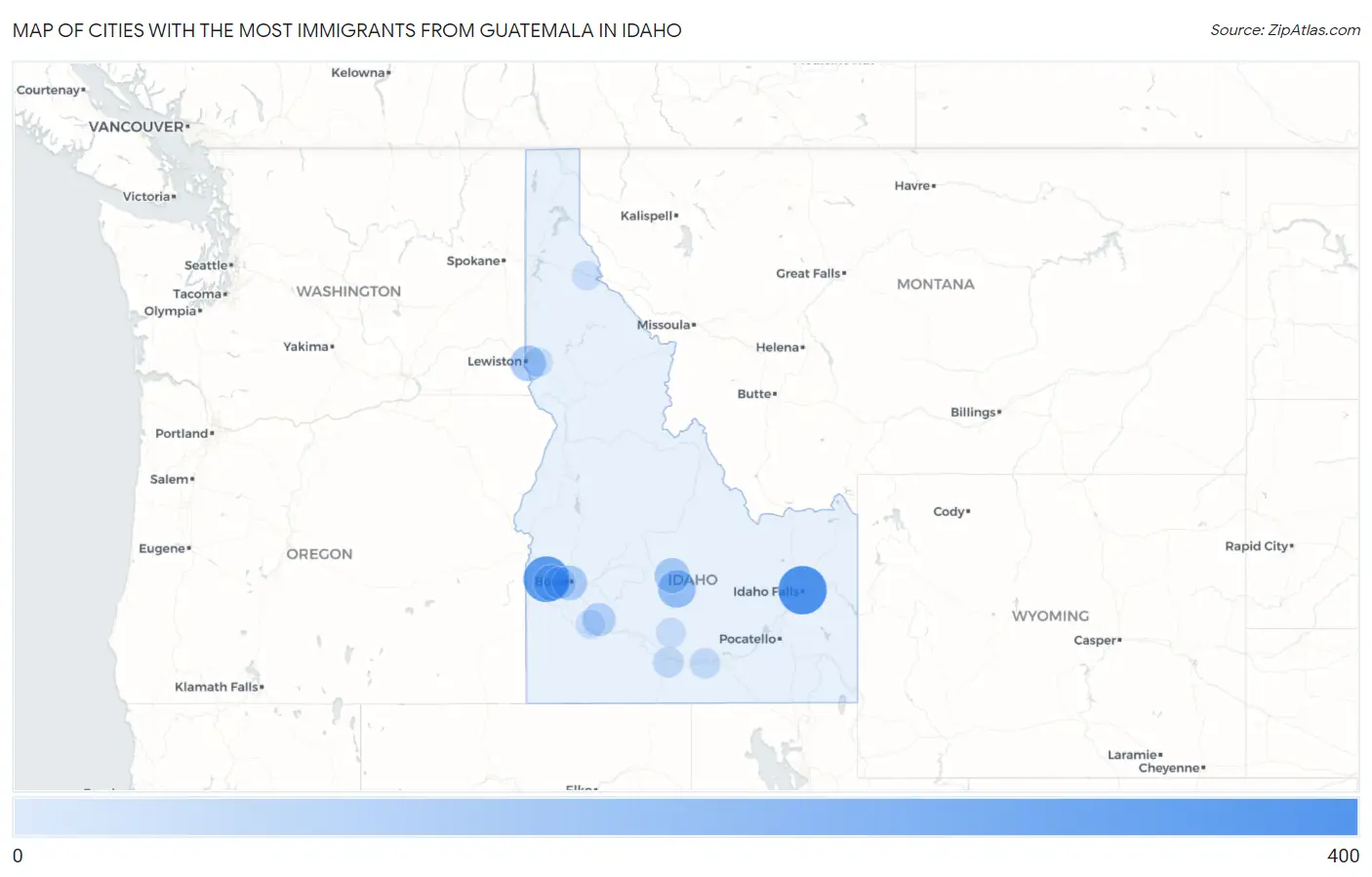 Cities with the Most Immigrants from Guatemala in Idaho Map
