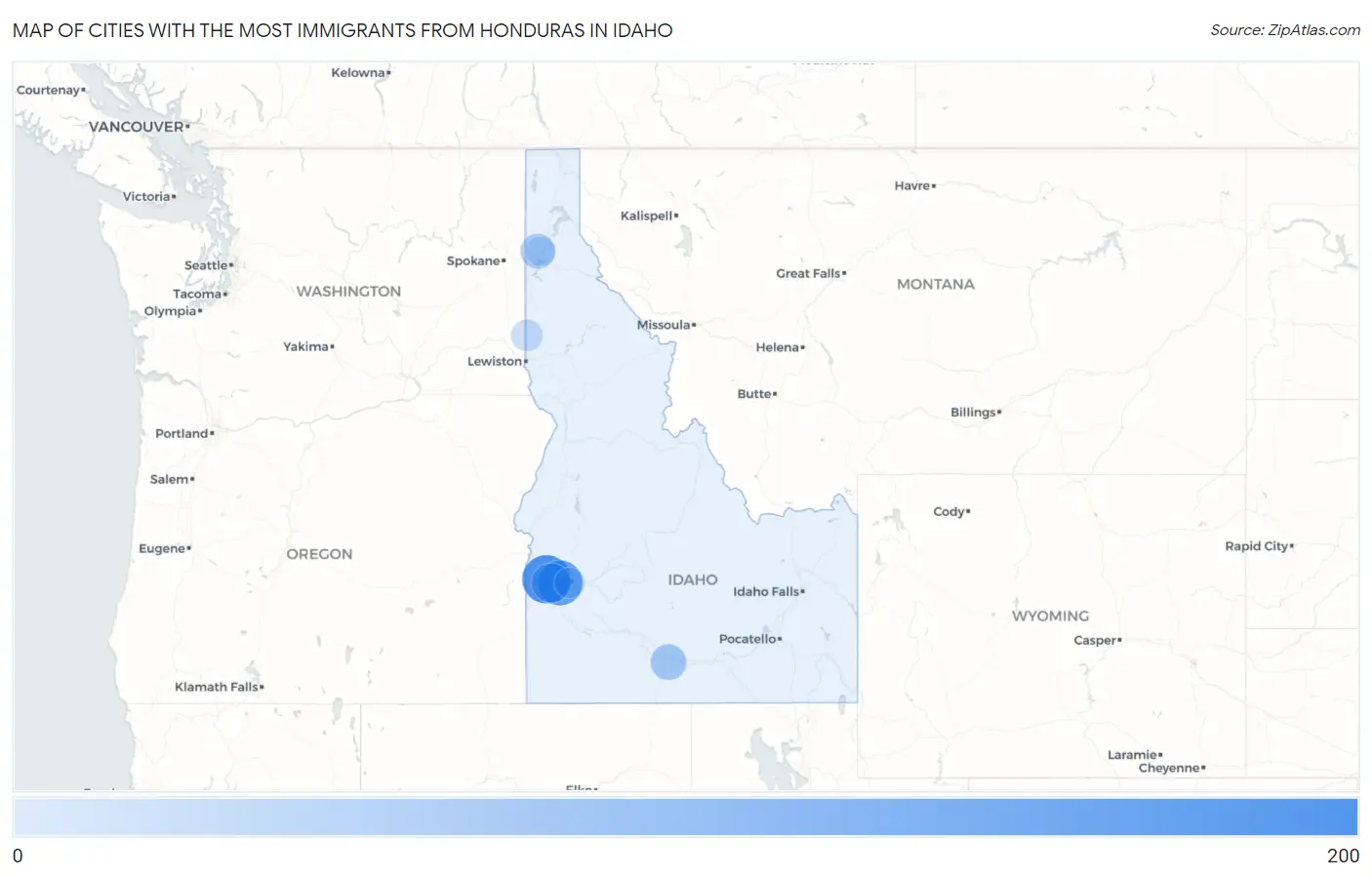 Cities with the Most Immigrants from Honduras in Idaho Map