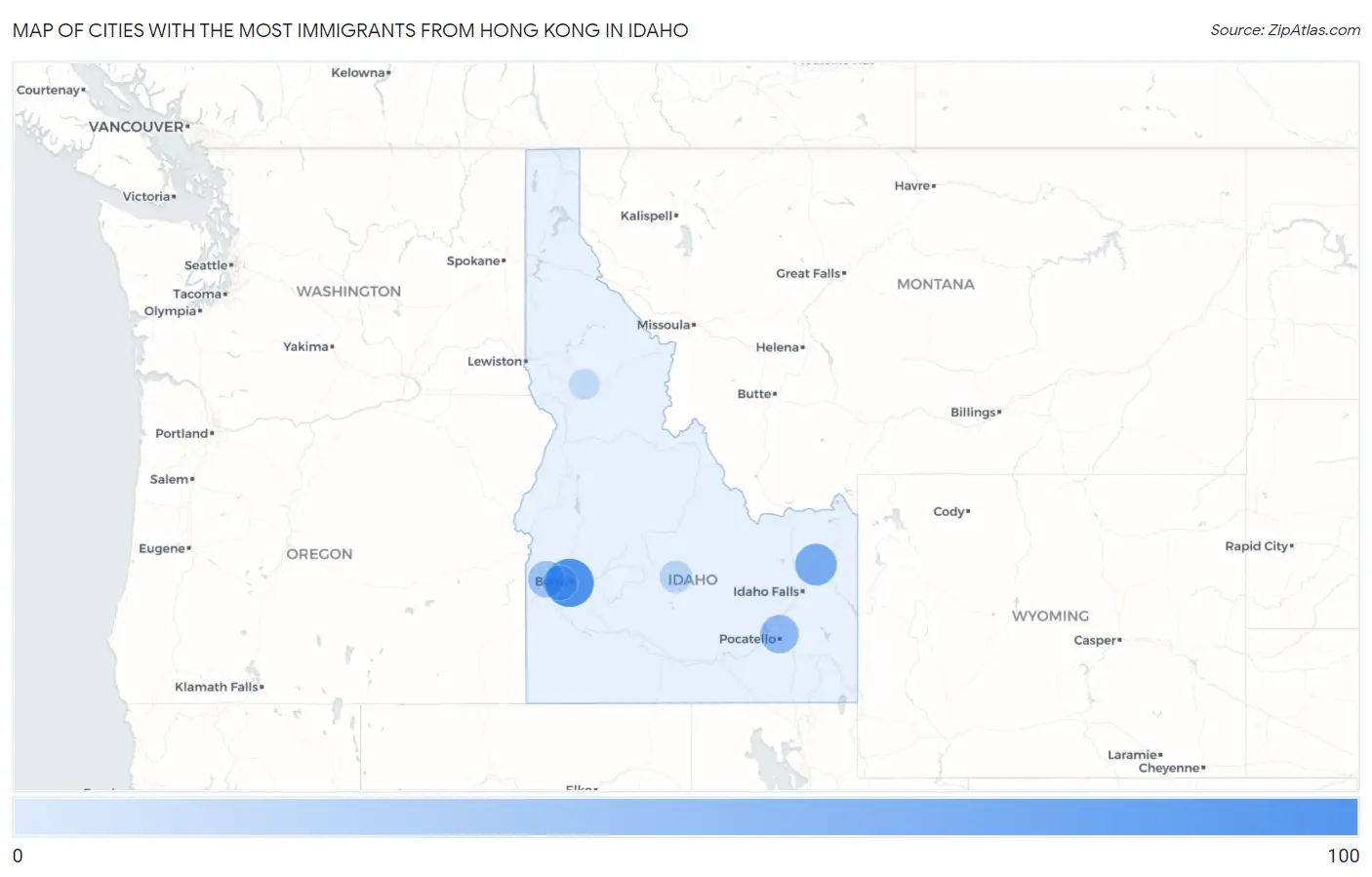 Cities with the Most Immigrants from Hong Kong in Idaho Map