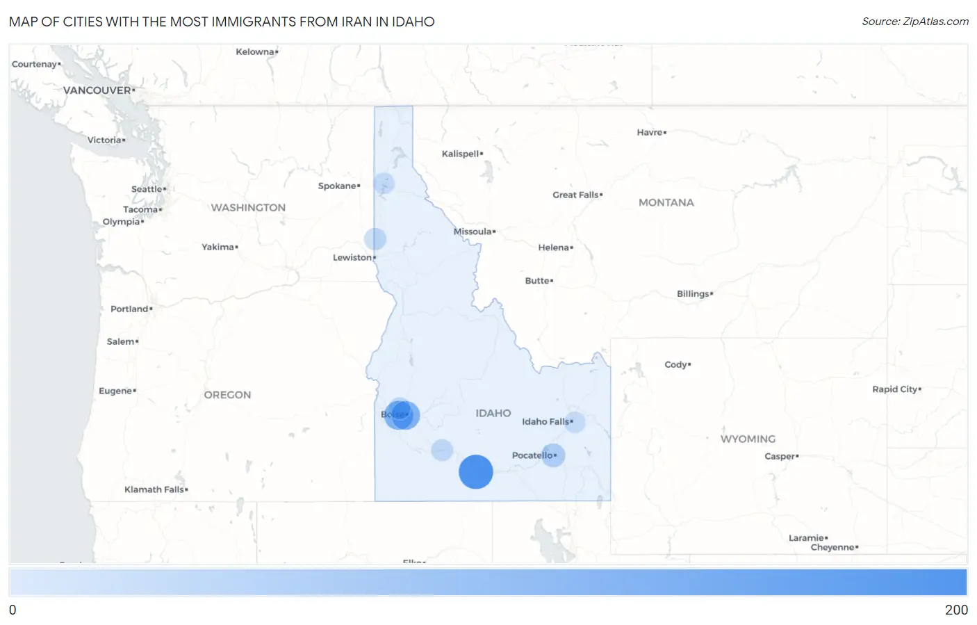 Cities with the Most Immigrants from Iran in Idaho Map