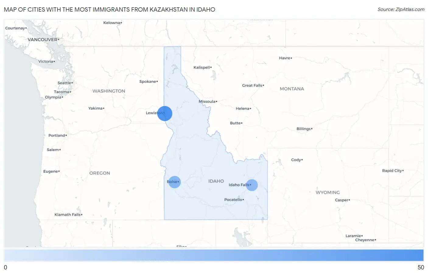 Cities with the Most Immigrants from Kazakhstan in Idaho Map