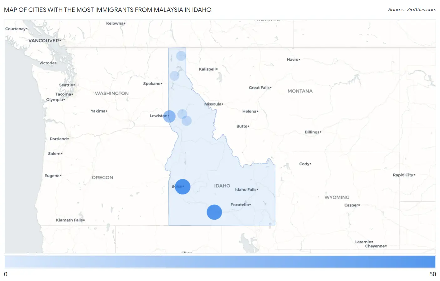 Cities with the Most Immigrants from Malaysia in Idaho Map